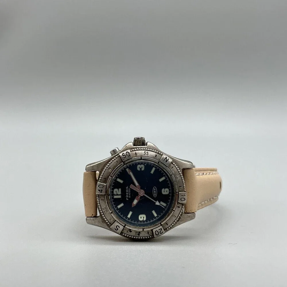 Vintage Fossil DRT DT-4041 Womens Watch 29mm Blue Dial Beige Leather New Battery